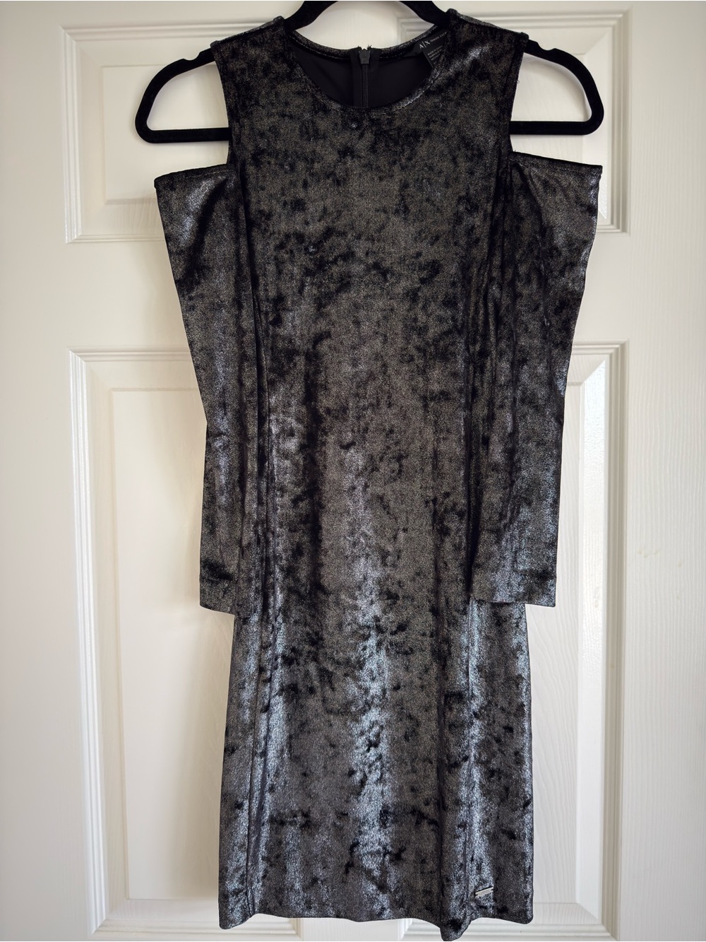 Armani Exchange Velvet Silver-Charcoal Cold-Shoulder Elbow Sleeve Mini Dress